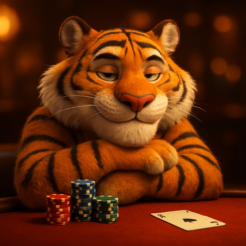 4999bet গেমিং প্ল্যাটফর্মে চিপস নিয়ে হাসিখুশি টাইগার শাবকটি একটি টেবিলে বসে আছে