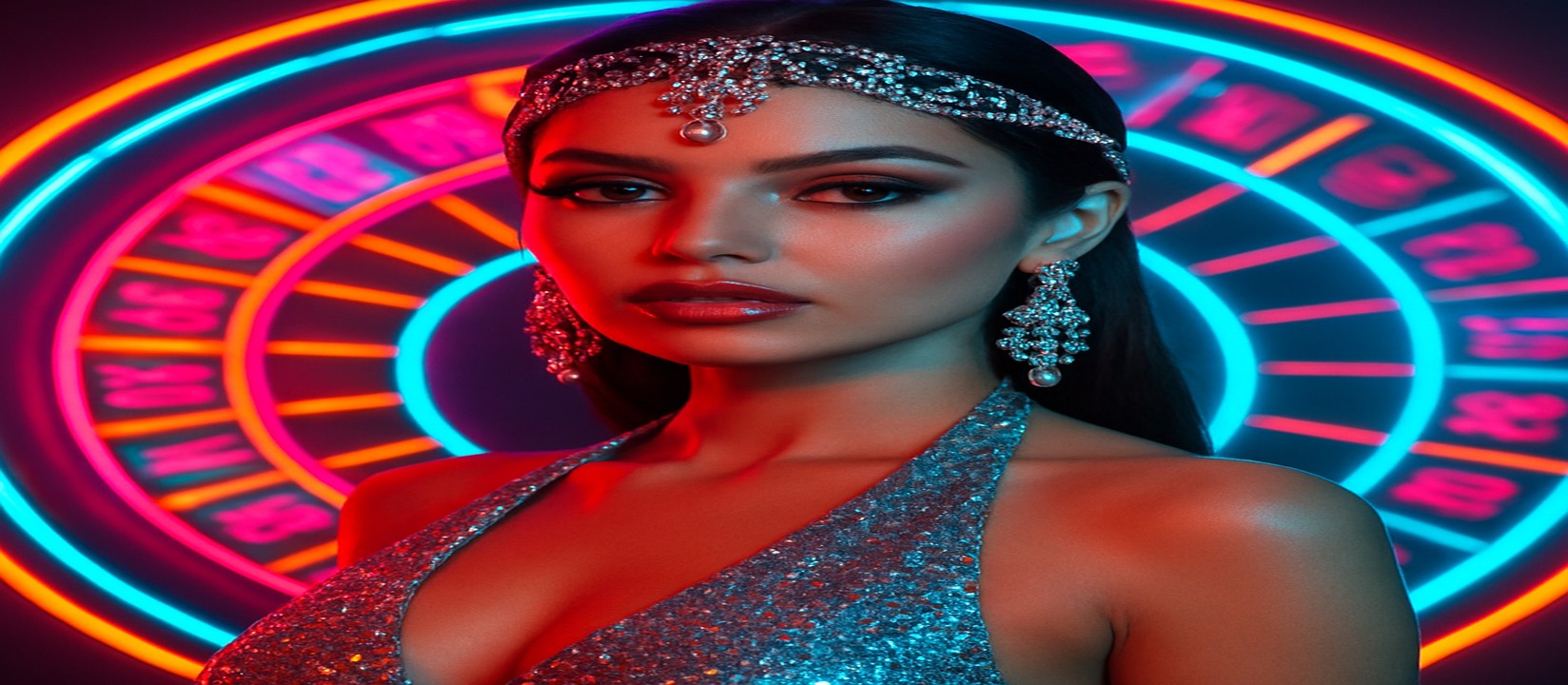 4999bet এর রঙিন গেমিং প্ল্যাটফর্মে চাকার সামনে উজ্জ্বল পোশাকে এক নারী